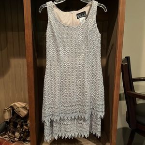 Like new evening dress size 8. Silver lace overlay with subtle sequins.
